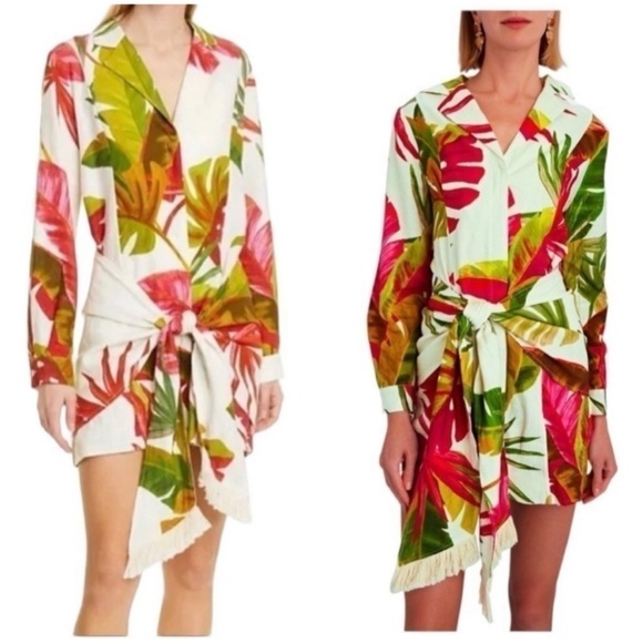 FARM Rio Spring Forest Floral Front Wrap Long Sleeve Shirt Mini Dress NEW Small - Picture 2 of 15